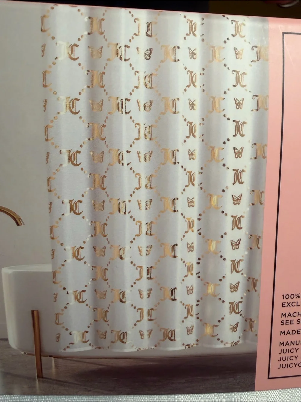 Juicy Couture LA NWT White Cloth Shower Curtain with Gold JC Logo & 12 Hooks